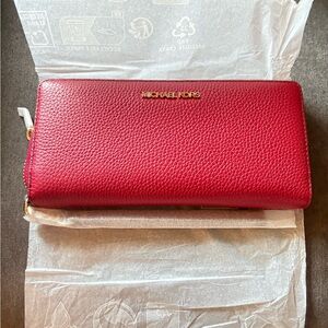 Michael Kors Pebbled Red Leather Zip Wallet with Gold Logo
